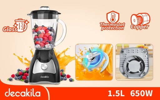 LICUADORA DE DOS VELOCIDADES 1.5L VASO PLASTICO 120V CUCHILLAS DE 6 HOJAS DECAKILA