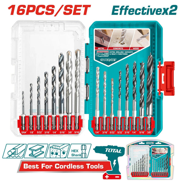 JUEGO DE BROCAS X 16 PZS PARA MURO, MADERA Y LAMINA CON VASTAGO EXAGONAL INDUSTRIAL TOTAL