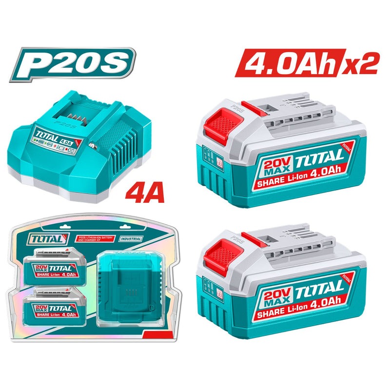 KIT DE 2 BATERIAS 4.0AH + CARGADOR DE 20V INDUSTRIAL TOTAL