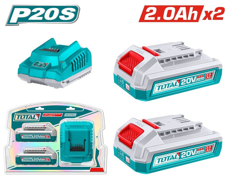 KIT DE 2 BATERIAS 2.0AH + CARGADOR DE 20V INDUSTRIAL TOTAL